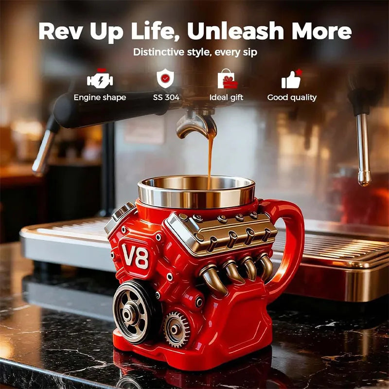 V8 Engine Coffee Mug, Retro Engine Coffee Mug V8 Stainless Steel Cup Double Wall Insulation With Handle For Car Enthusiast Gift