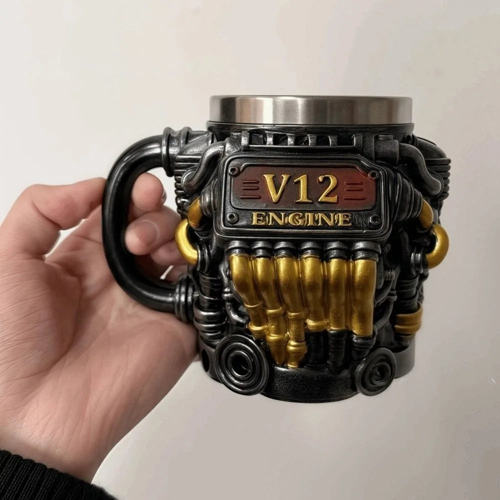 Retro Engine Coffee Mug Double Wall 180ML V8 Engines Stainless Steel Cup with Handle Realistic Design Insulation Car Mug