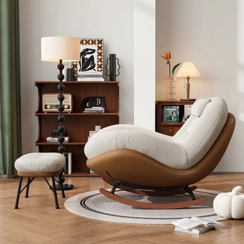 Cozy Button Tufted Rocking Leisure Chair, Curved Wrap-around Chenille Padded Single Recliner Sofa Chair With Wooden Rocking