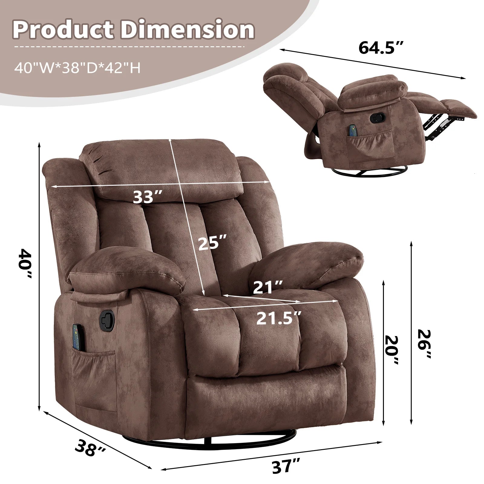 Massage Rocker Recliner with Heat and Vibration, 360 Degree Swivel Manual Antiskid Fabric Single Sofa Heavy Duty Reclining Chair for Living Room