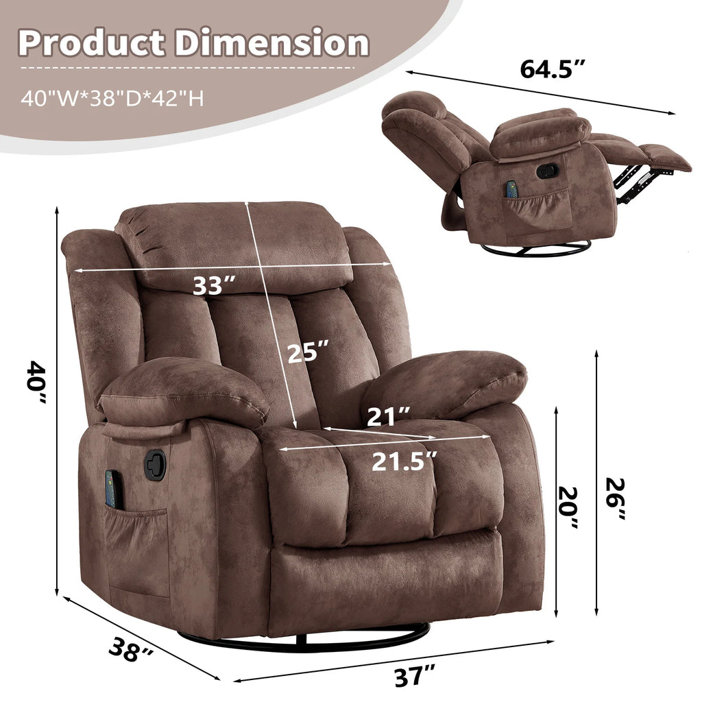 Massage Rocker Recliner with Heat and Vibration, 360 Degree Swivel Manual Antiskid Fabric Single Sofa Heavy Duty Reclining Chair for Living Room