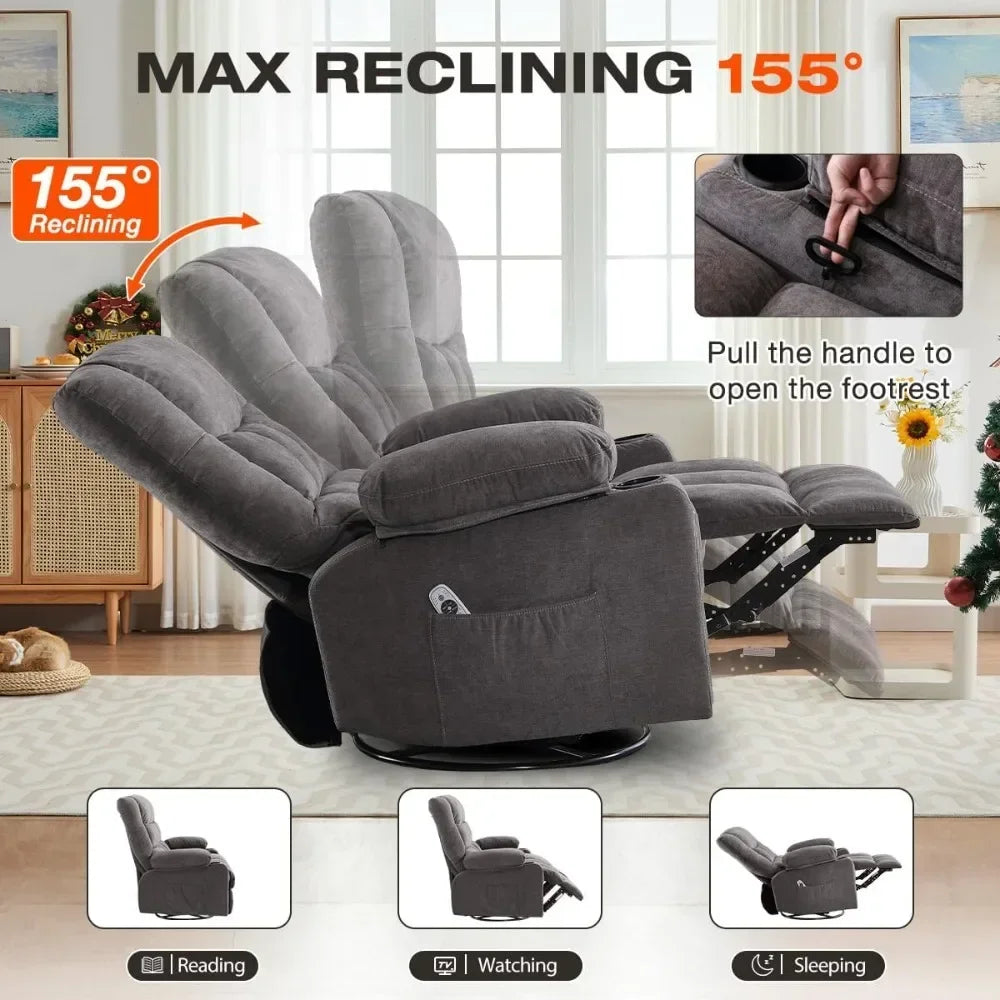Swivel Recliner Chair with Massage & Heat, Oversized Rocking Chair for Living Room, USB Port, Cup Holders