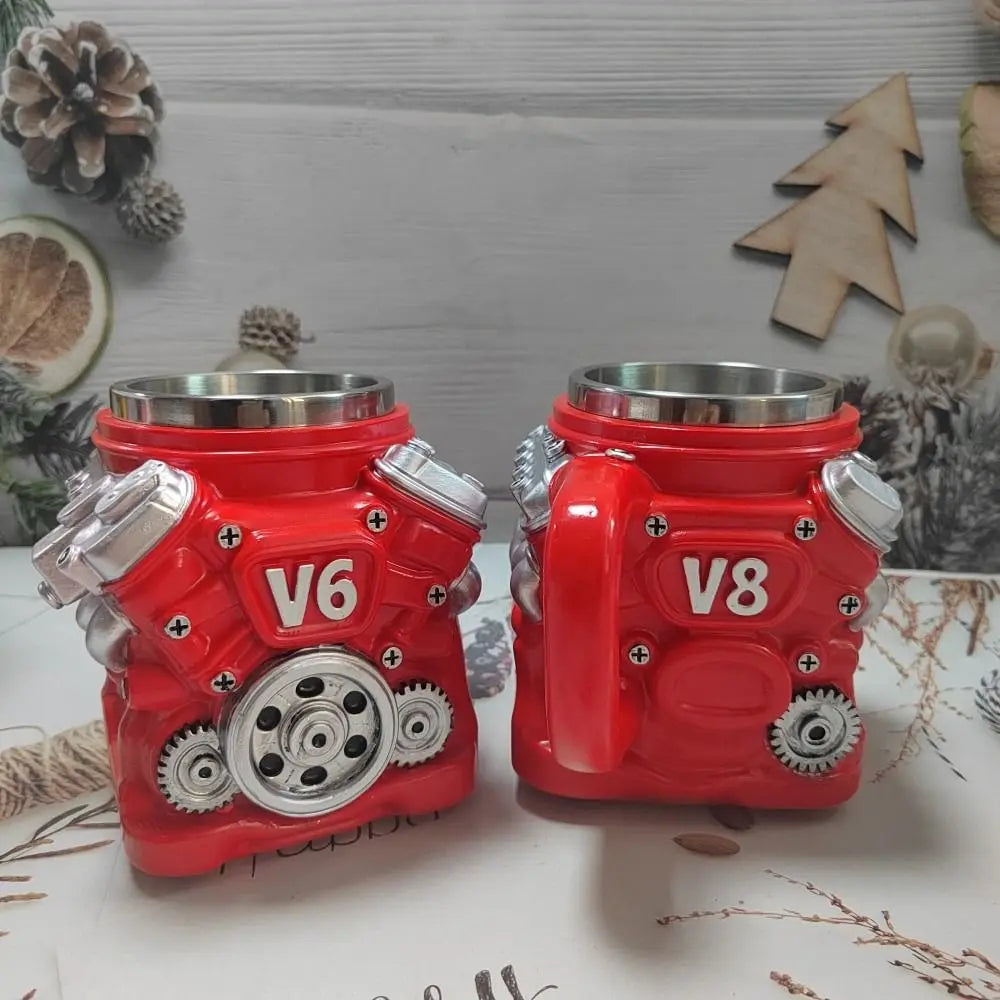 Retro Engine Coffee Mug Double Wall 180ML V8 Engines Stainless Steel Cup with Handle Realistic Design Insulation Car Mug