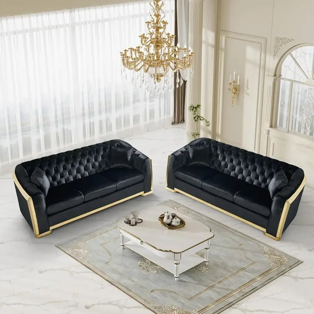 Luxurious 84 Velvet Black Sofa with Gold Legs, 3-Seat Curved Loveseat for Living Room, Includes 2 Pillows