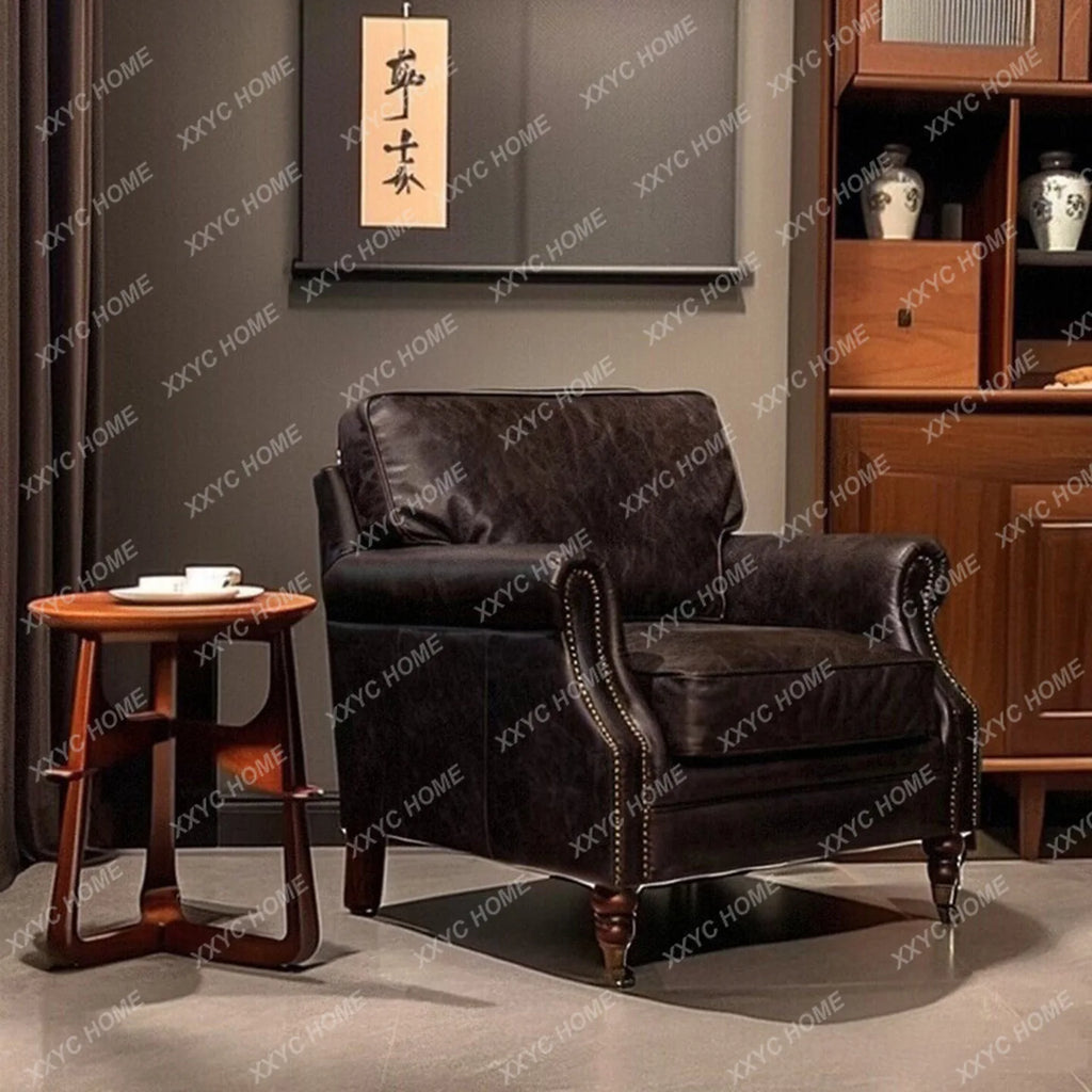 SS Medieval classic leather single sofa oil wax leather cigar chair living room cigar bar  retro sofa chair