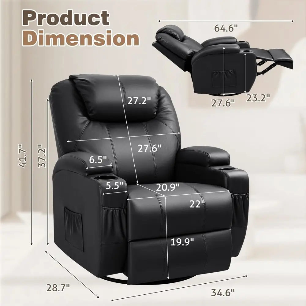 Black Leather Swivel Rocking Recliner Chair with Massage and Cup Holders for Living Room, Bedroom, or Nursery