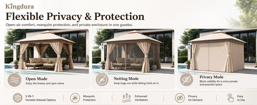Kingdura 10'x10' Outdoor Gazebo, Heavy Duty Metal Patio Canopy Tent Shelter with Double Roof, Mosquito Netting & Privacy Curtain
