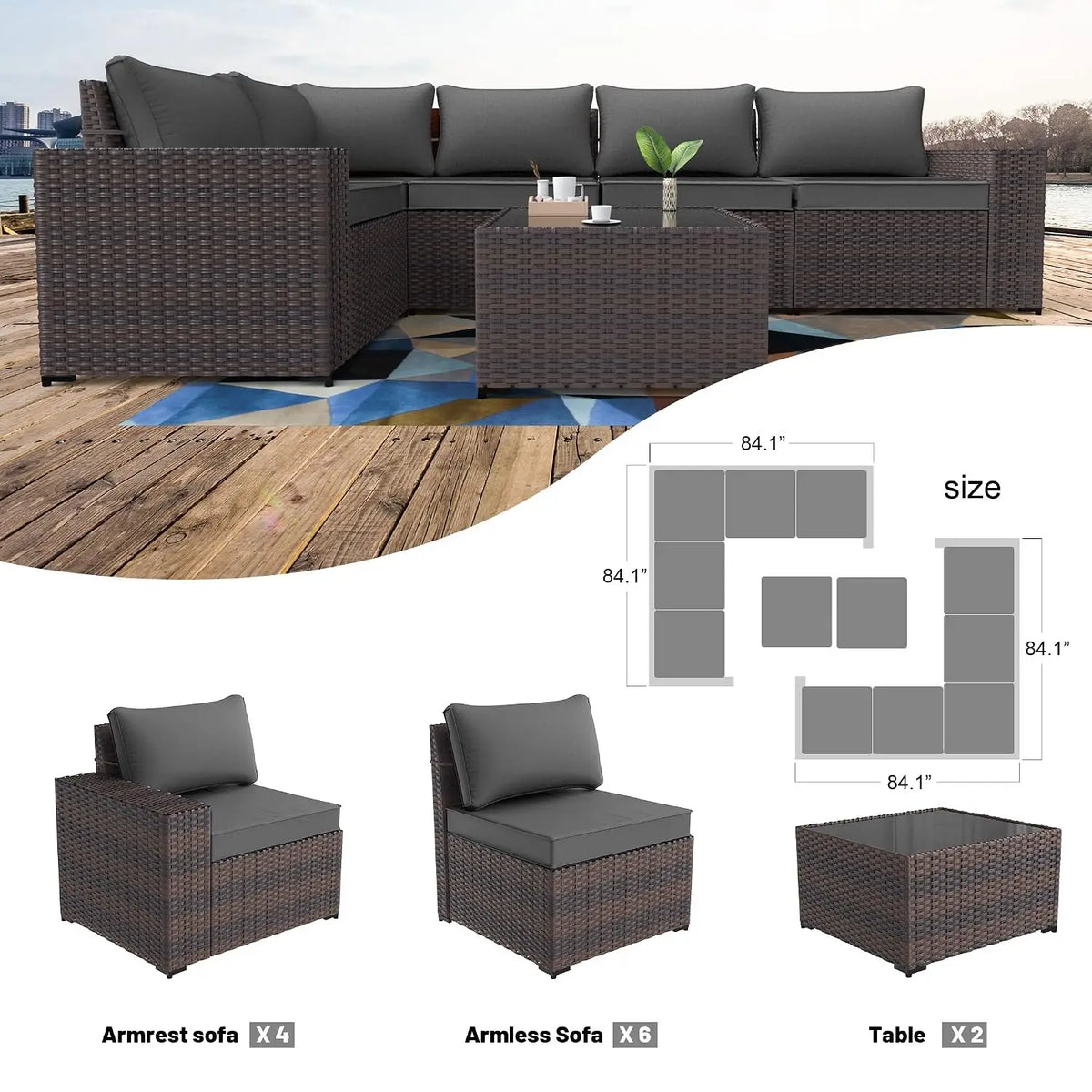 12 Piece Outdoor Wicker Sectional Sofa Set, Patio Garden Furniture, PE Rattan, Customized