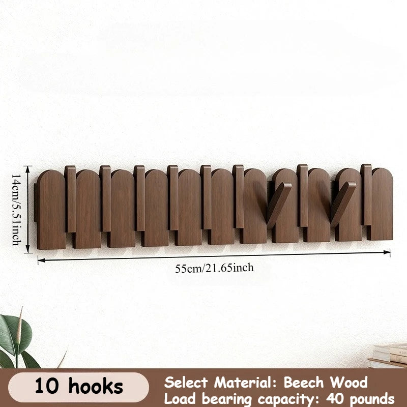 Piano Key Hanging Rack - Wall-Mounted Wooden Hook with Multiple Compartments for Clothes, Hats, Bags, Entryway Organizer