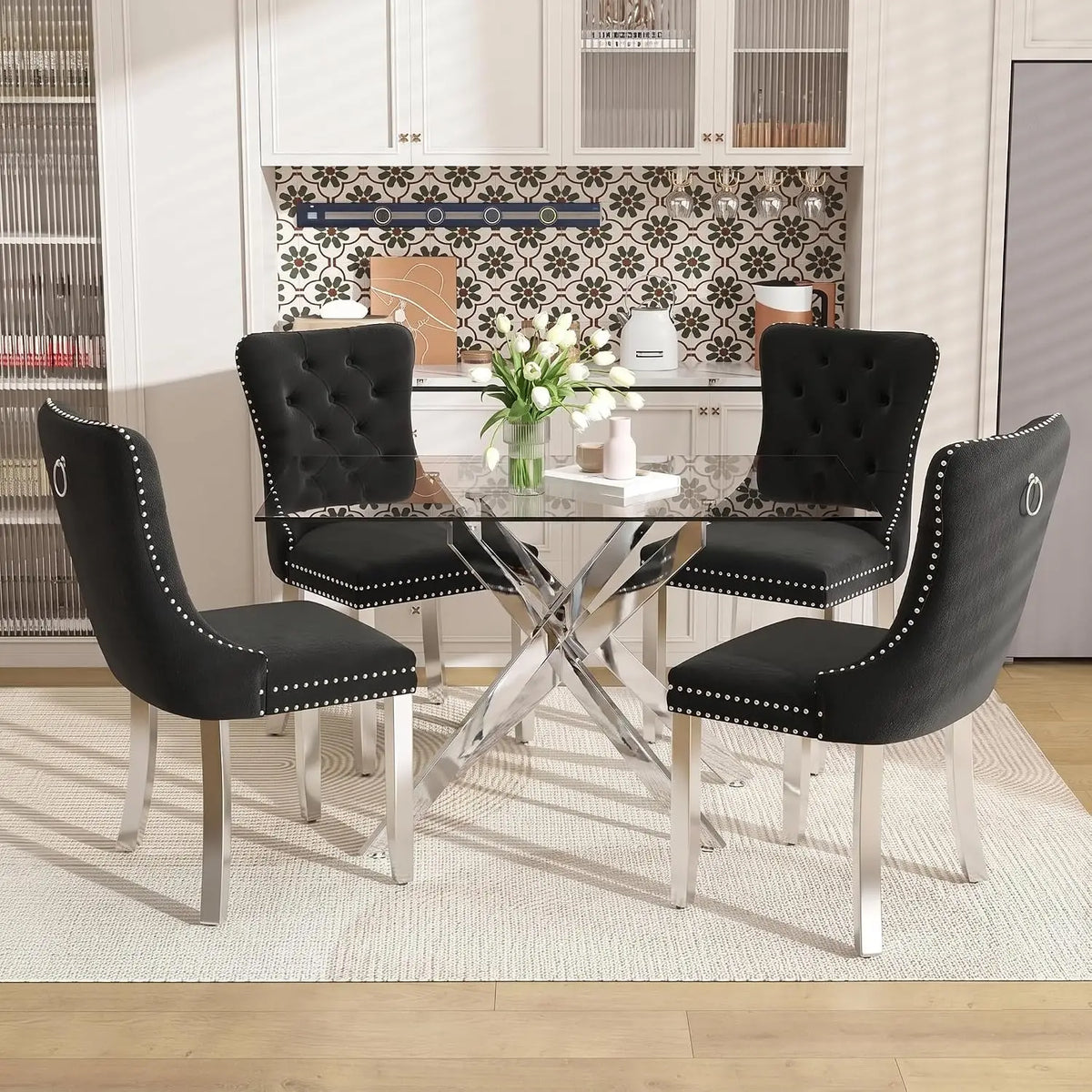 51" Glass Dining Table Set for 4, Grey | Tempered Glass Top, Silver Metal Legs, Velvet Chairs, Modern Dining Room Set, Custom