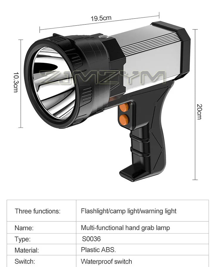 Super Bright Searchlight Powerful Rechargeable Flashlight LED Work Light Long Lasting Spotlight Camping Lantern With Side Light