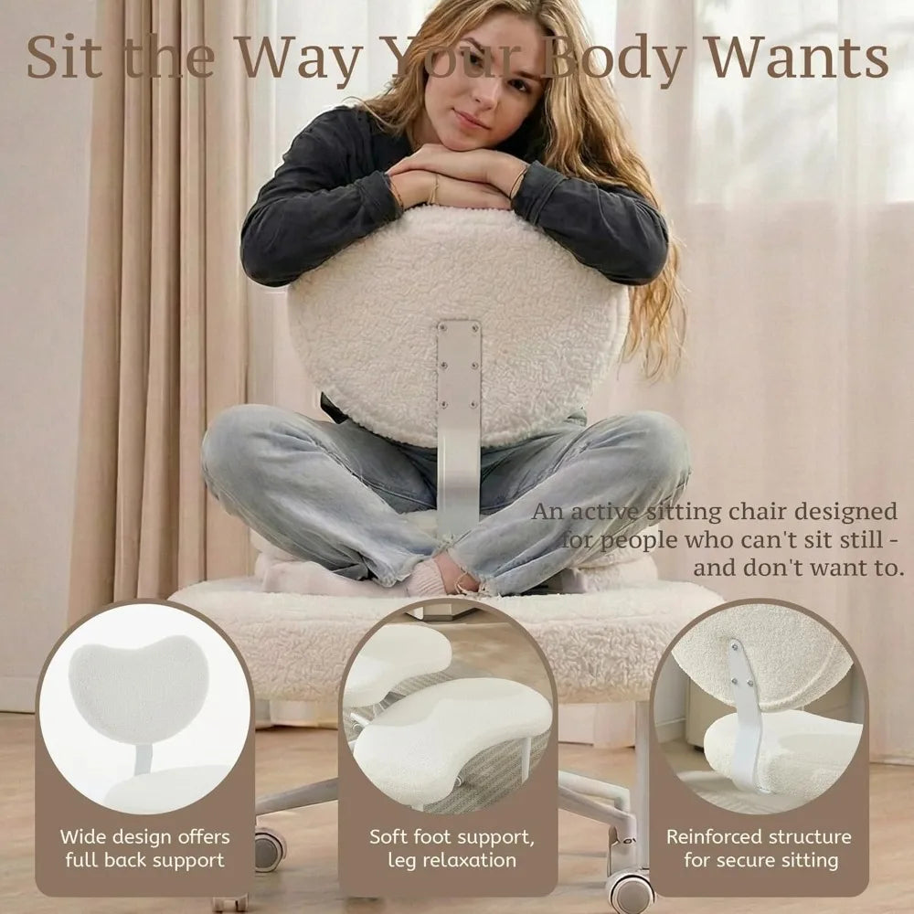 Cross Legged Chair with Wheels, Ergonomic Office Chair for ADHD, Height Adjustable, Lumbar Support, Teddy Fabric, Ivory