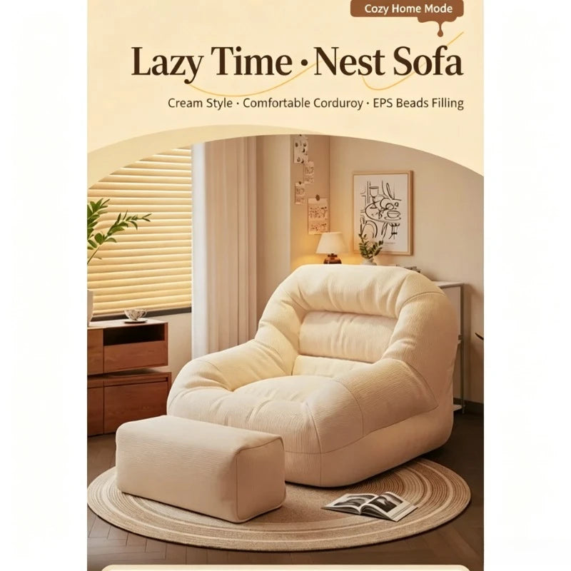 Olive Green Corduroy Bean Bag Sofa – High-Density Filling for Bedroom & Living Room Relaxation