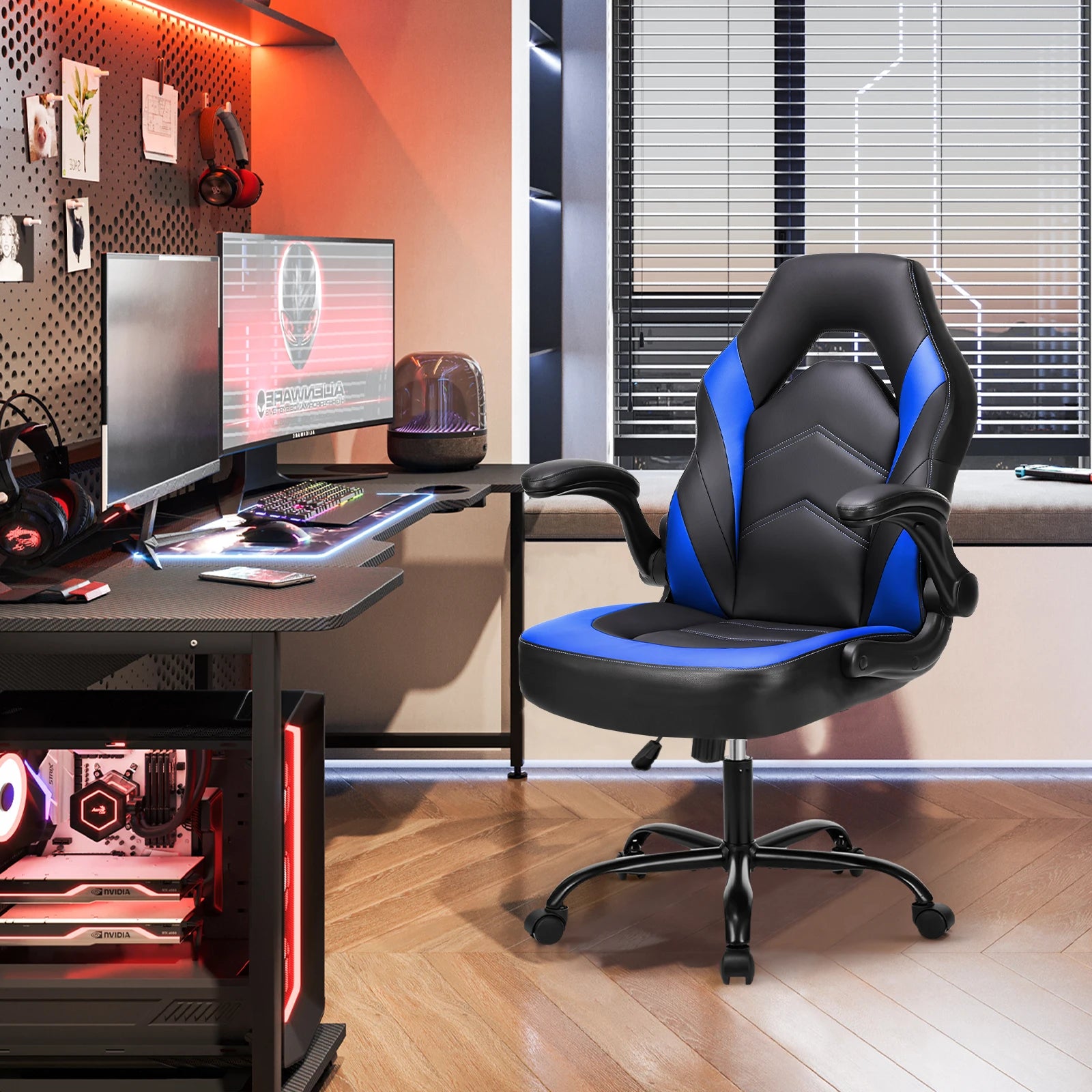 MCQ Gaming Chair Ergonomic Office Chair with Swivel Rolling Adjustable PU Leather Racing Chair Flip-up Armrest For Furniture