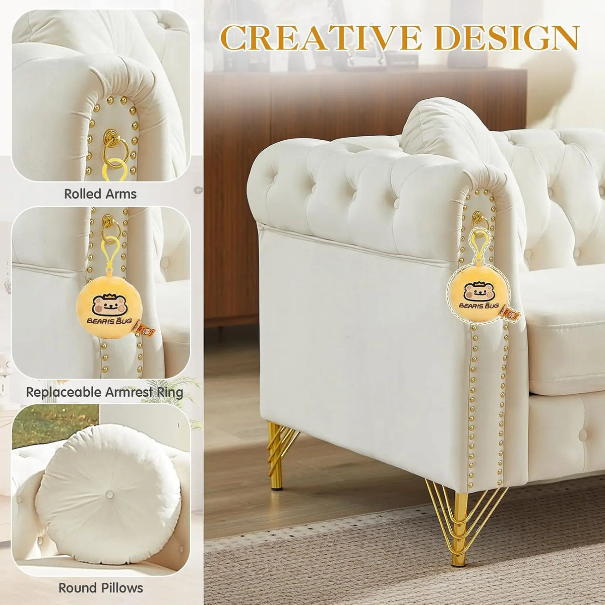 Sofa, Tufted Velvet Nailhead Trim Gold Legs, 3-Seater Deep Seat Living Room Bedroom Office 82" Beige, Customized