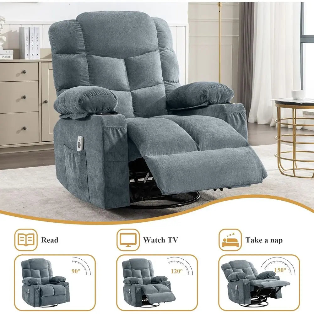 Large Oversized Swivel Massage Recliner with Lumbar Heat, Cup Holders, and USB Port