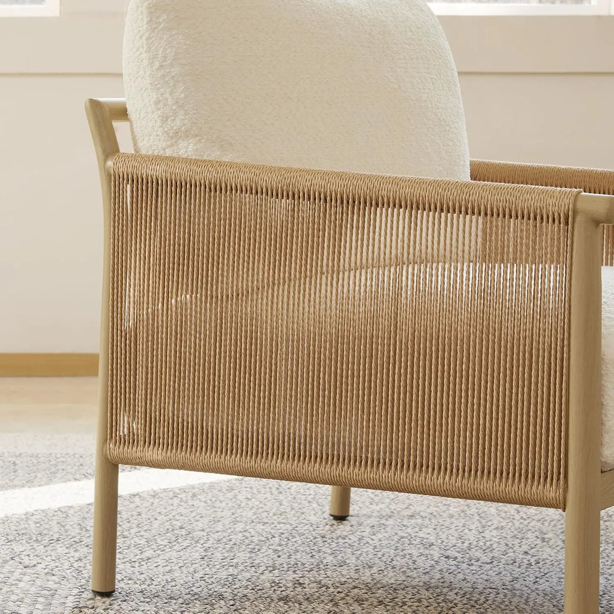 Braid Accent Chair Wood-Grain Metal Frame Cream Modern Reading Living Room Bedroom Office Paper Cord Armrests 30.7x27.2x32.7" 30