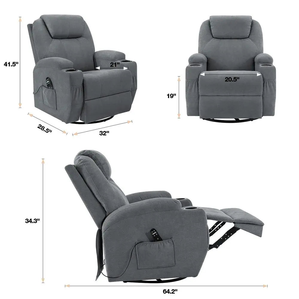 Rocking Chair Recliner Chair with Massage Swivel Ergonomic Lounge Chair Classic Single Sofa with 2 Cup Holders Side Pockets Liv