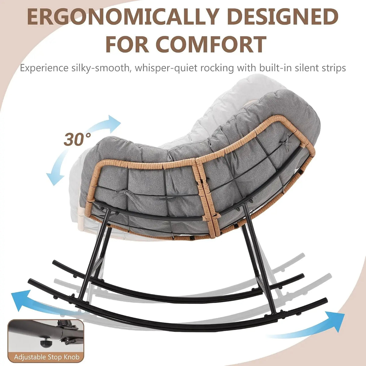 Thick Cushion Rattan Rocking Egg Chair with Straps for Patio Garden Balcony Lawn Backyard Living Room Bedroom 450lbs, Customized