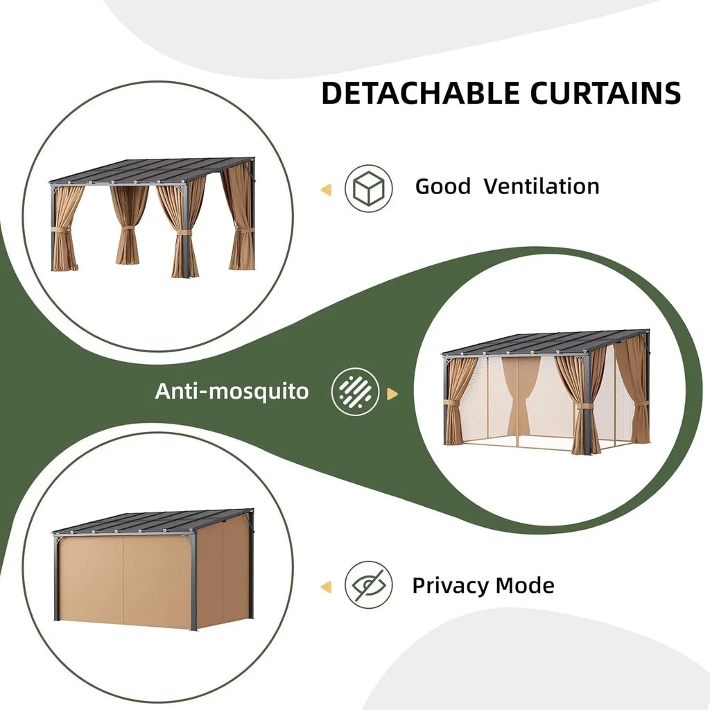 10x12ft Aluminum Lean-to Gazebo, Mosquito Net, Curtains & Polycarbonate Panel for Patio, Custom