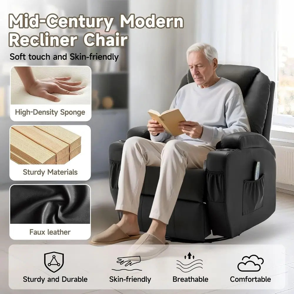 360° Swivel Massage and Heat Rocking Recliner Chair with Remote and Cup Holder for Adults