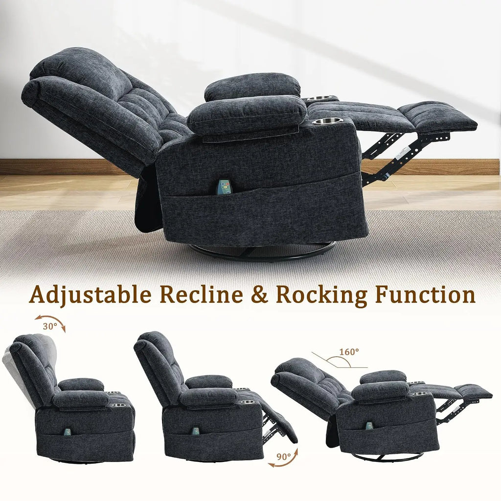360° Swivel Rocker Recliner for Adults, Nursery Glider Recliner with Massage and Heating, Rocking Chair with Cup, Custom