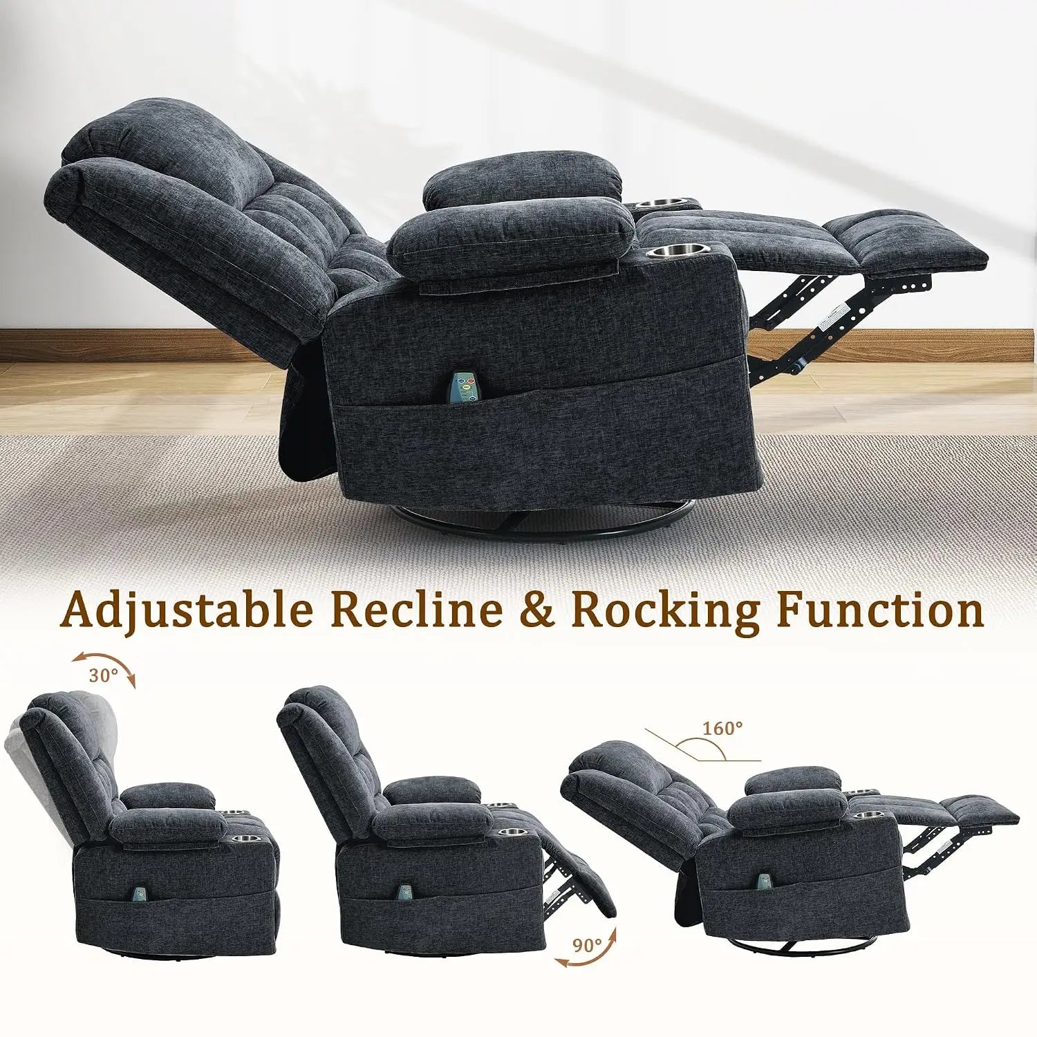 360° Swivel Rocker Recliner for Adults, Nursery Glider Recliner with Massage and Heating, Rocking Chair with Cup, Custom