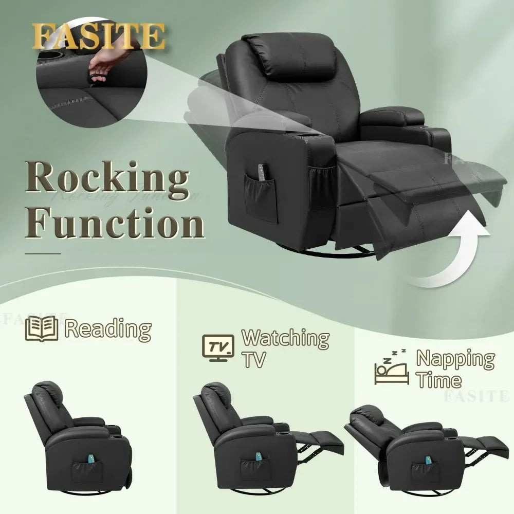 2023 New Swivel Rocker Recliner with Massage and Heating Functions, Sofa Chair with Remote Control and Two Cup Holders