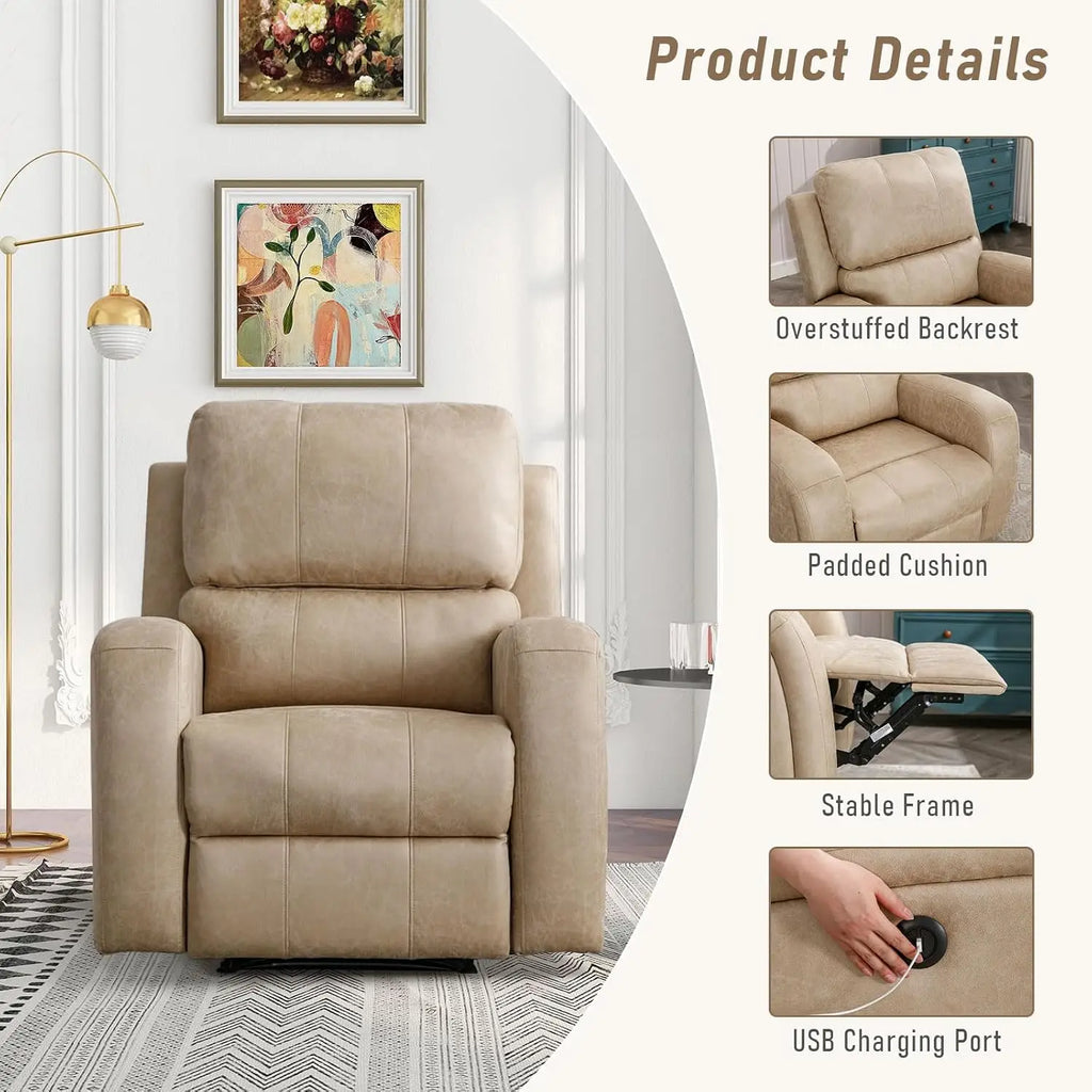 Electric Recliner Chair, Soft PU Leather Power Recliners with Padded Backrest, Single Overstuffed Heavy Duty Reclining, Custom
