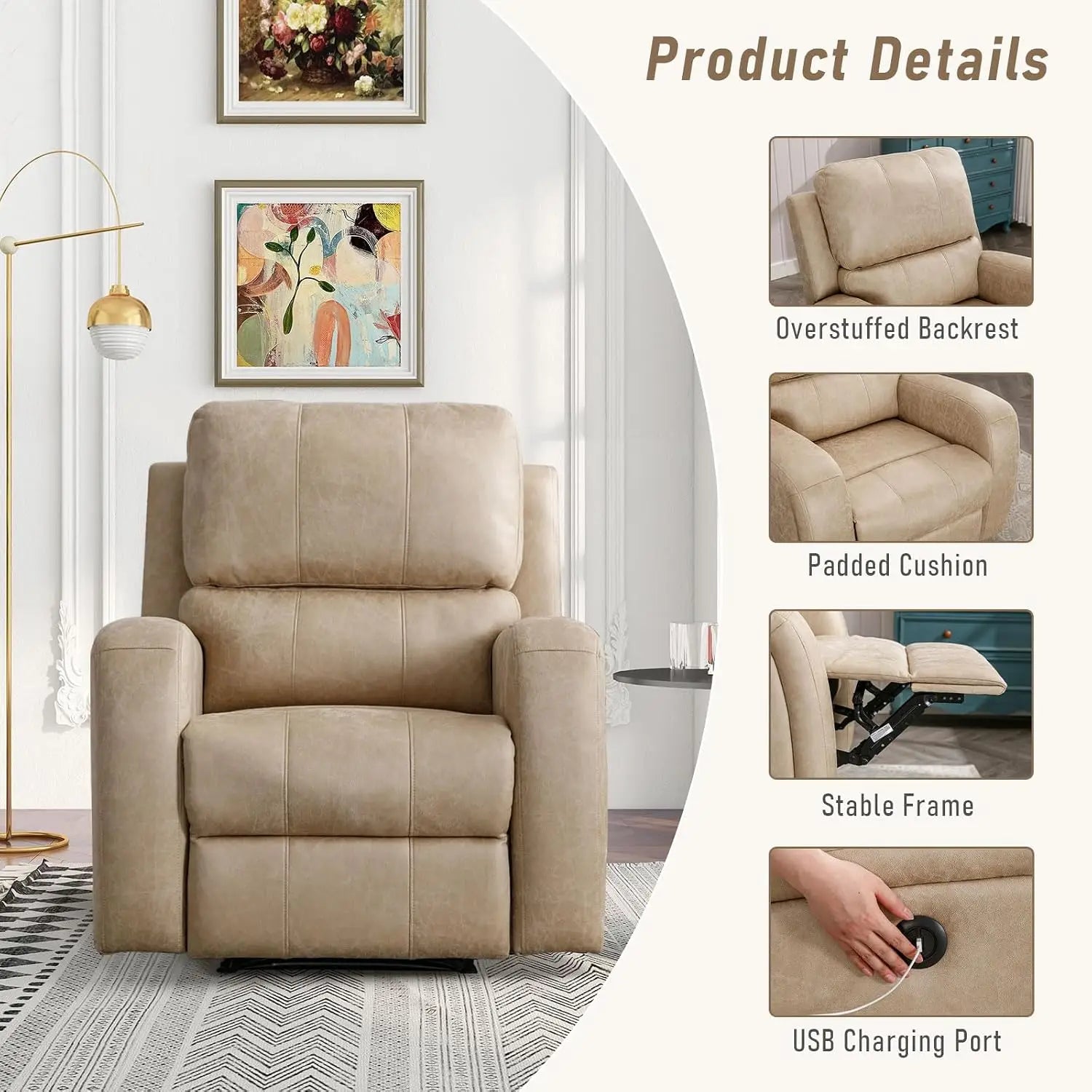 Electric Recliner Chair, Soft PU Leather Power Recliners with Padded Backrest, Single Overstuffed Heavy Duty Reclining, Custom