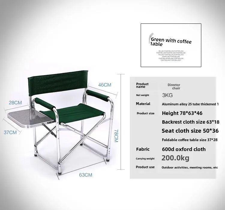 Aluminum Alloy Director’s Chair with Side Table, Portable Folding Fishing Stool, Relaxing Laptop Desk, Outdoor Picnic Gear