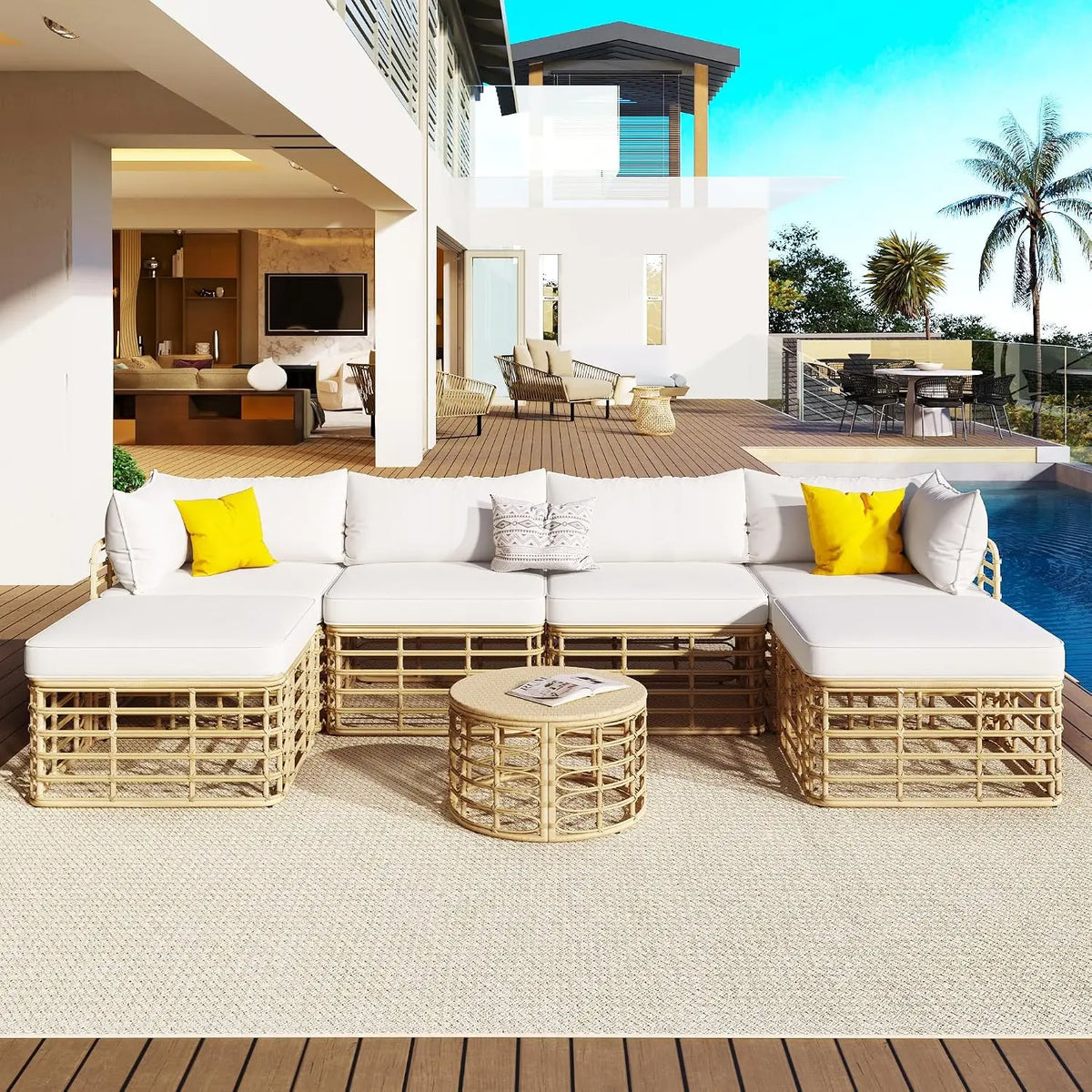 4-Piece Patio Set, All Weather Sectional w/ 2 Chairs, Loveseat & Table, Acacia Wood Outdoor Furniture with Cushions, Customized