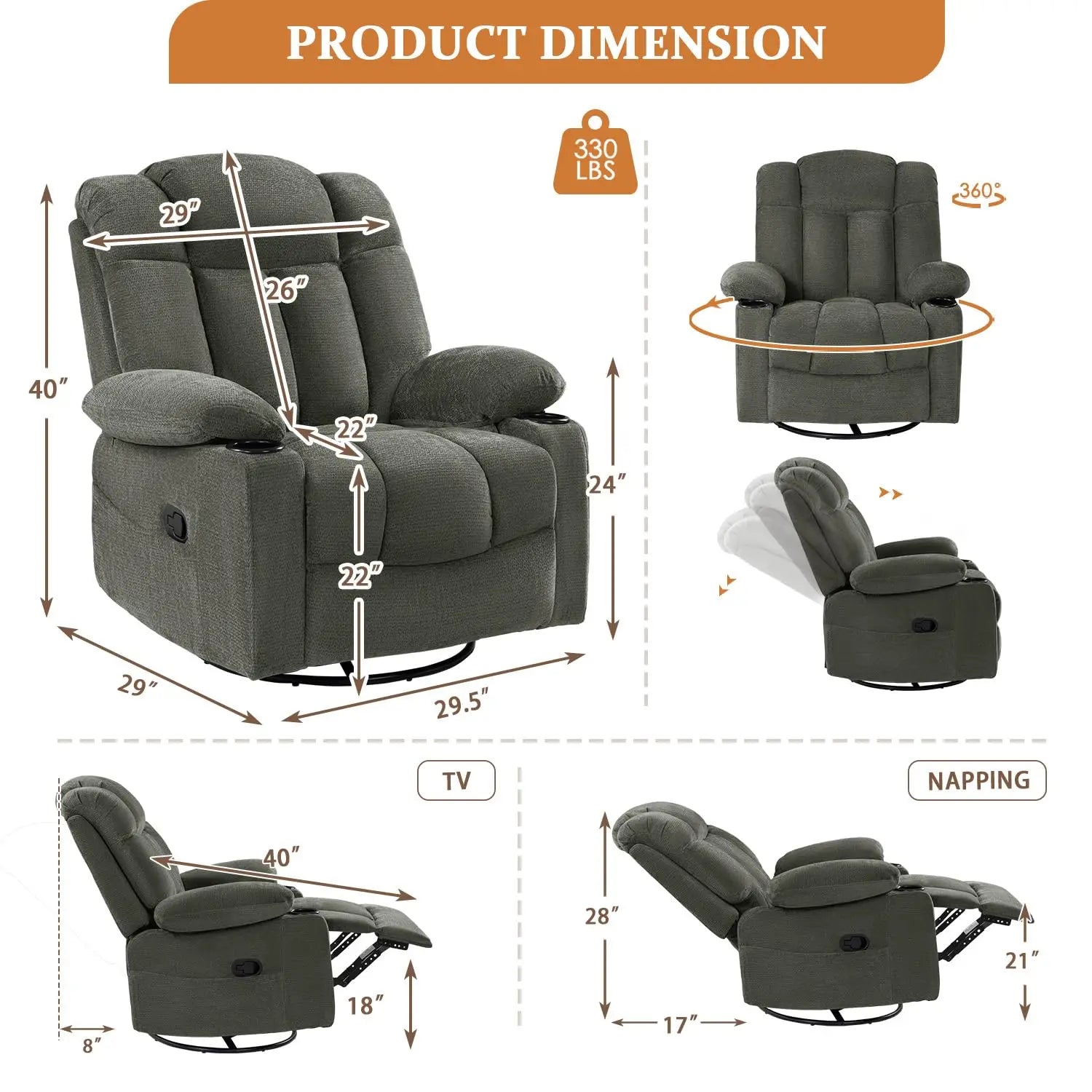 Swivel Rocker Recliner Chair for Adults, Manual Glider Sofa with Massage, Heat & Vibration, 360° Rocking for Living Room, Custom