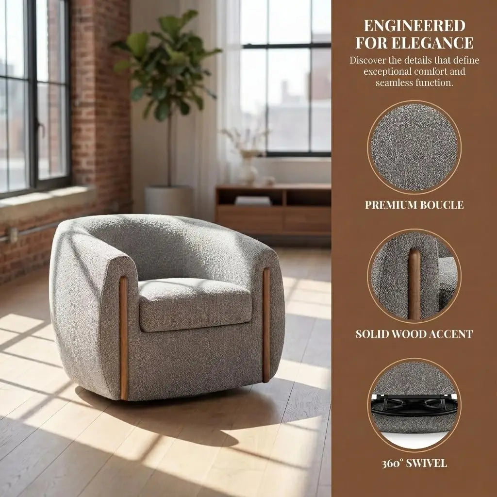 Aspen Bouclé Swivel Barrel Chair with Wood Accents – 360° Rotating Accent Armchair, High-Density Foam Cushioning,, Customized