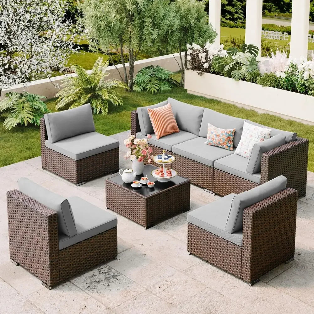7 Pieces Outdoor Patio Furniture Set, PE Rattan Outdoor Wicker Sectional Furniture Sofa Set, with Cushions and Glass Coffee Tab