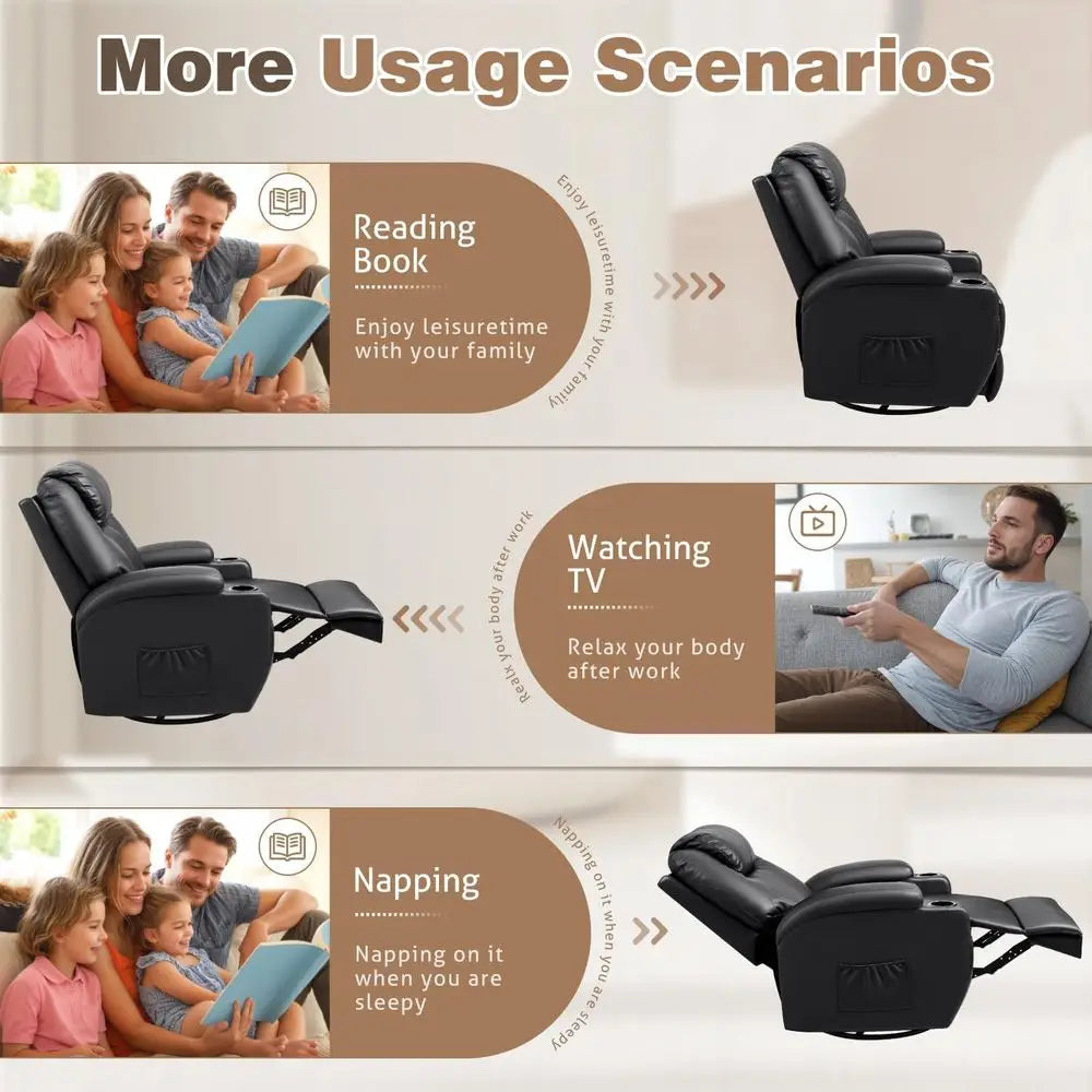 Black Leather Swivel Rocking Recliner Chair with Massage and Cup Holders for Living Room, Bedroom, or Nursery