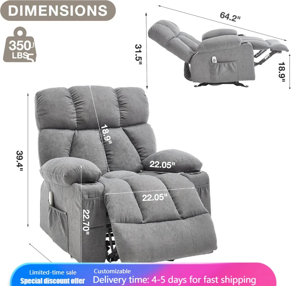 Massage Recliner Chair with Heat & Vibration, USB Port, Cup Holders - Grey Rocking Lounge Chair for Living Room