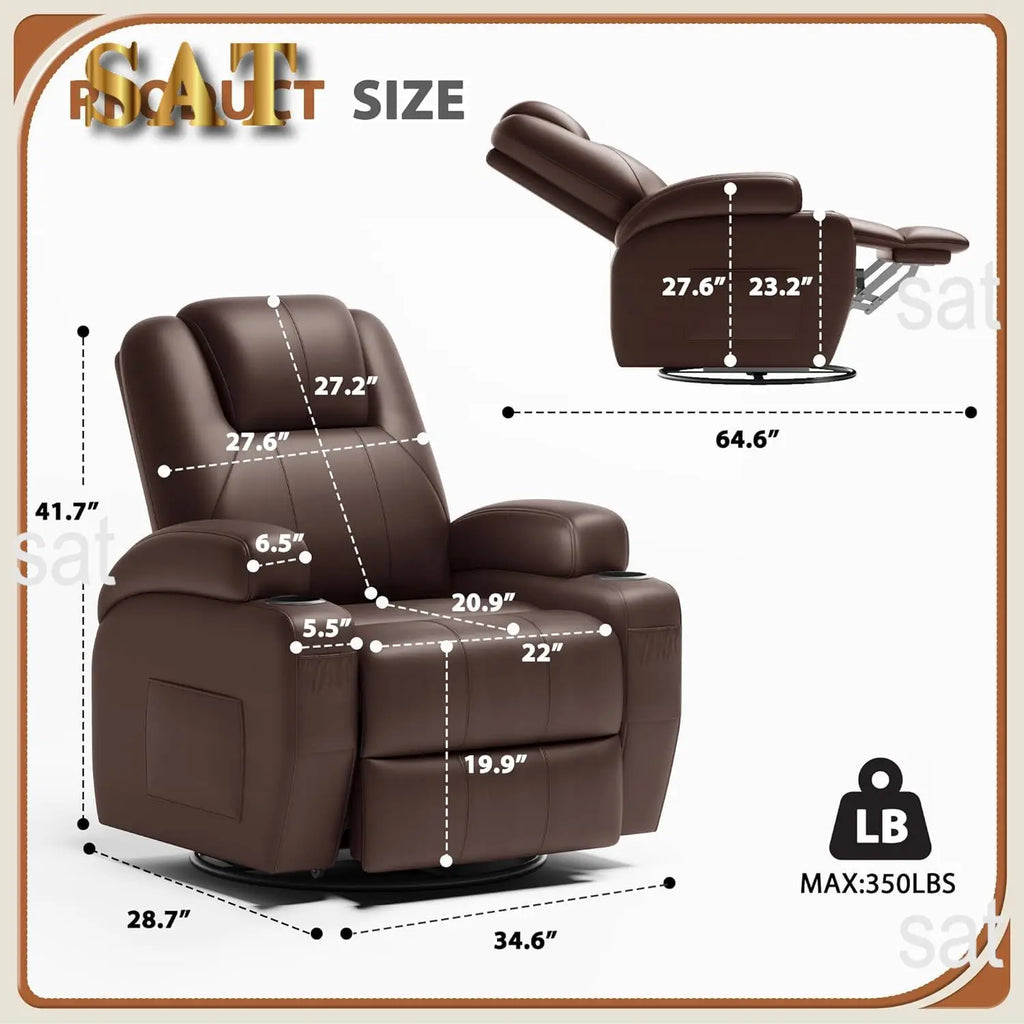 #Swivel Rocker Recliner Chair Vibration Massage 360° Ergonomic Lounge Cup Holders Leather Brown, Customized
