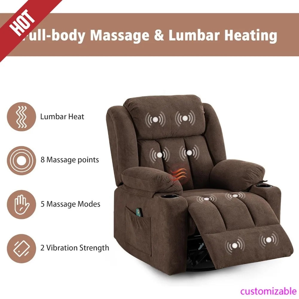 Swivel Recliner Chair with Massage Heat, Rocking Glider, Overstuffed Fabric Living Room Sofa