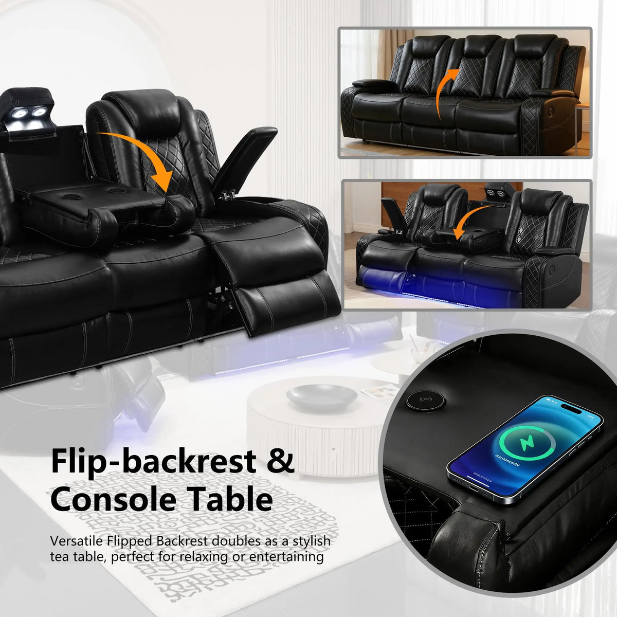 #￥Power Recliner Sofa Set with LED  Leather Reclining Sofa Set Loveseat Chair with USB Port Cup Holders Storage for Home Theater