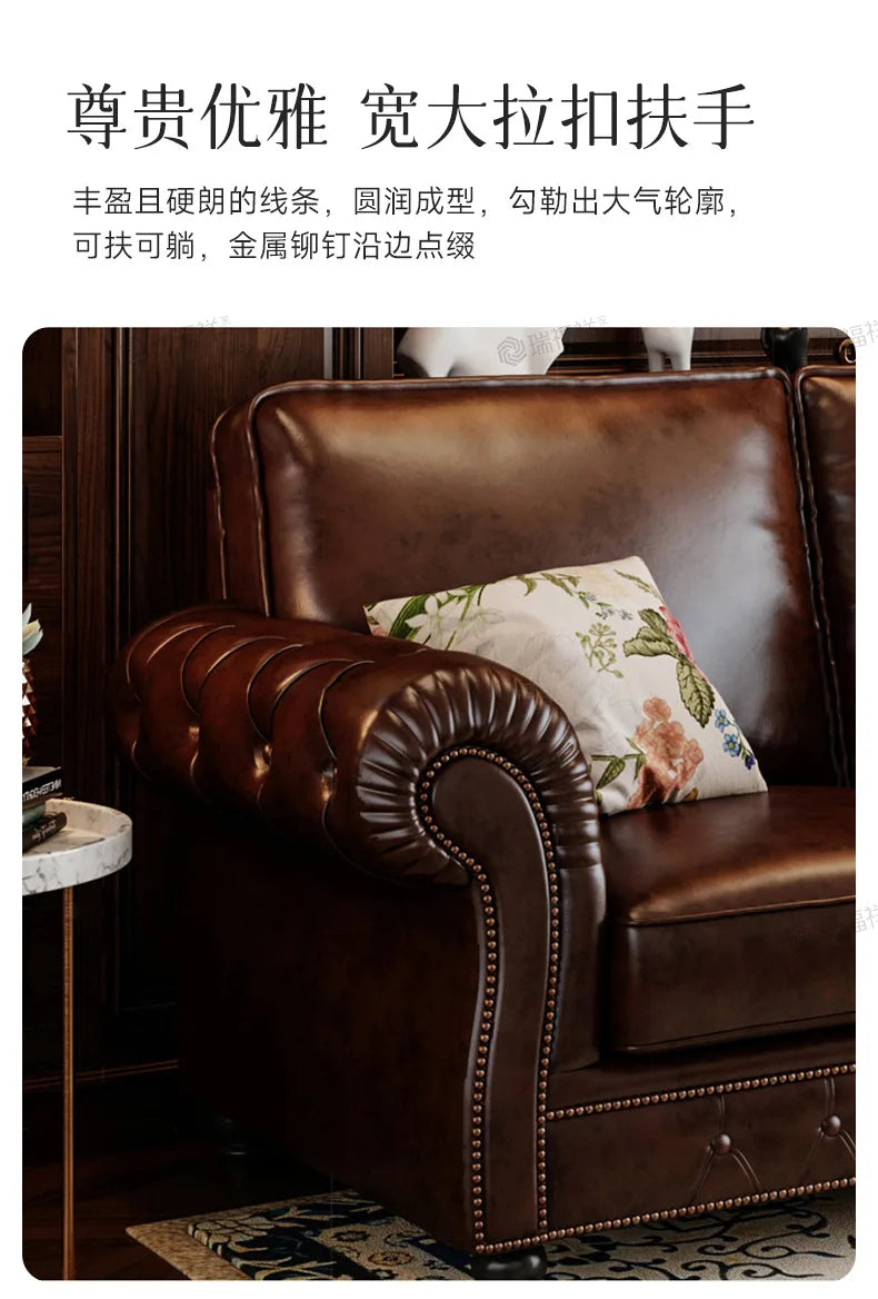 4-10 genuine leather sofa, living room 3-4 seater sectional, vintage oil wax leather brown straight sofa