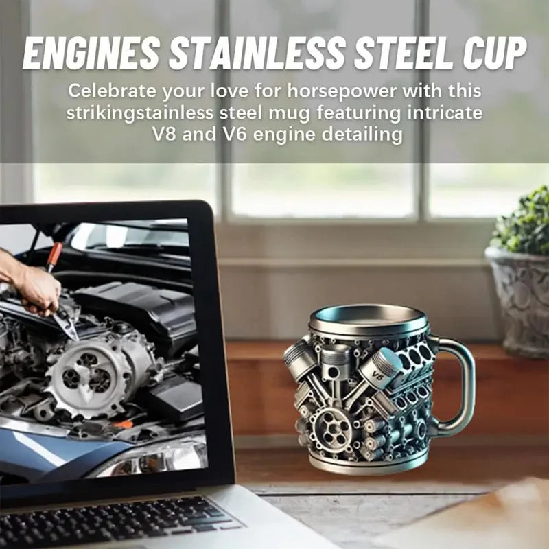 Stainless Steel &ResinCup V8 & V6,Engines Design Mug, Durable & Stylish Rust-Proof Coffee Mug for Car Enthusiasts & Novelty Gift