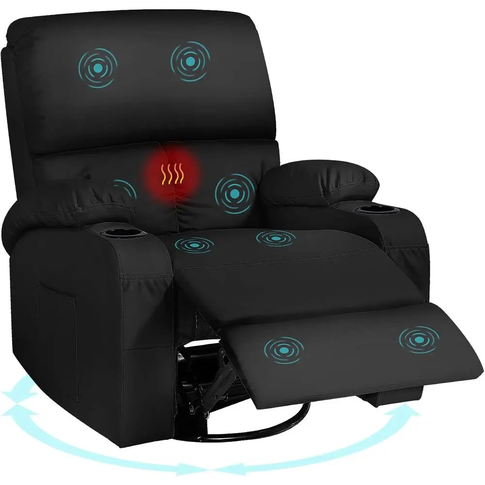 Rocking Recliner Chair, Massage Rocker Recliner Chair with Vibration Massage and Heat, 360° Swivel aux Leather Chairs, Living Ro