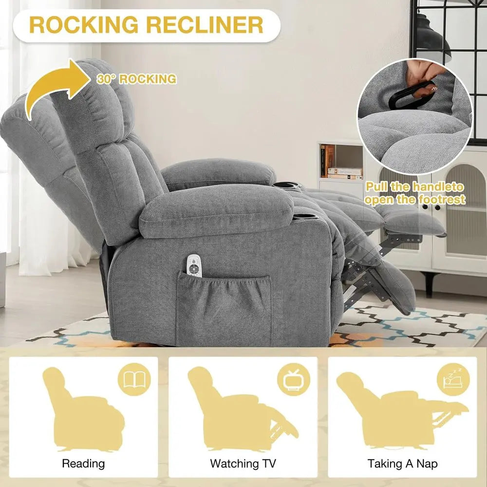 Oversized Massage Recliner Chair, Oversized Rocker Lazy Boy Chairs with Vibration & Gently Heat, Ergonomic Manual Nursery Chair