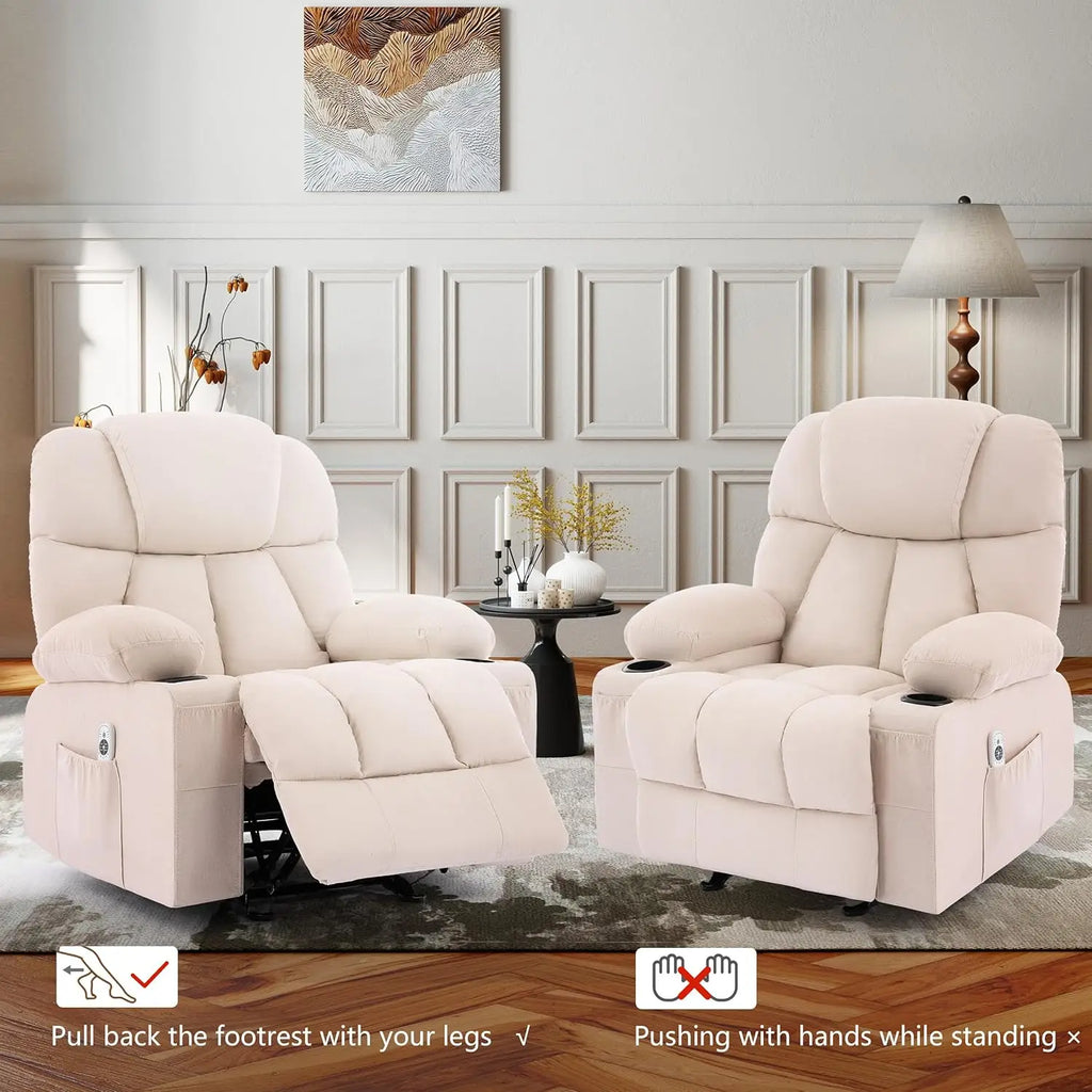 Massage Rocker Recliner Chair with Heat & Vibration Nursery Glider 4 Pockets 2 Cup Holders Fabric Beige, Customized