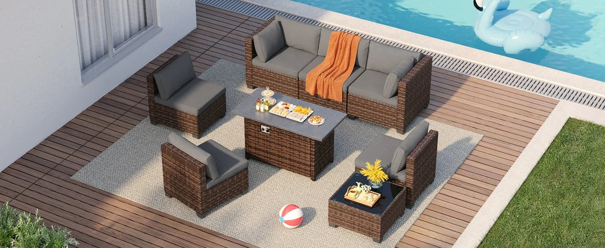 Qsun 8 Pieces Outdoor Patio Furniture Set with 44.9" Fire Pit Table, All-Weather Wicker Outdoor Patio Sectional Set with Coffee