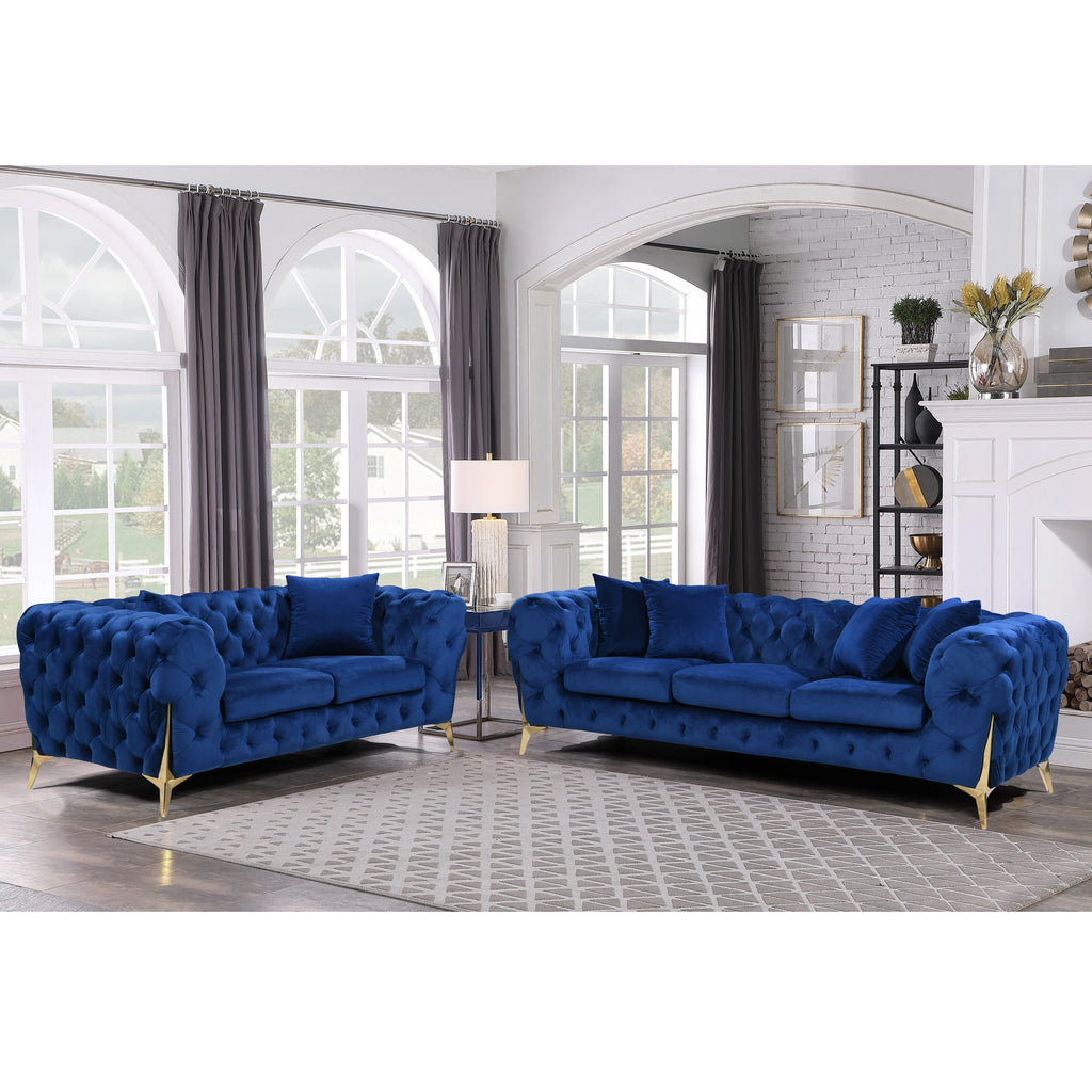 Luxury Tufted Velvet Chesterfield Couch Set Furniture Living Room Lounge Sofa Upholstered 2 Seater Sofas With Gold Legs
