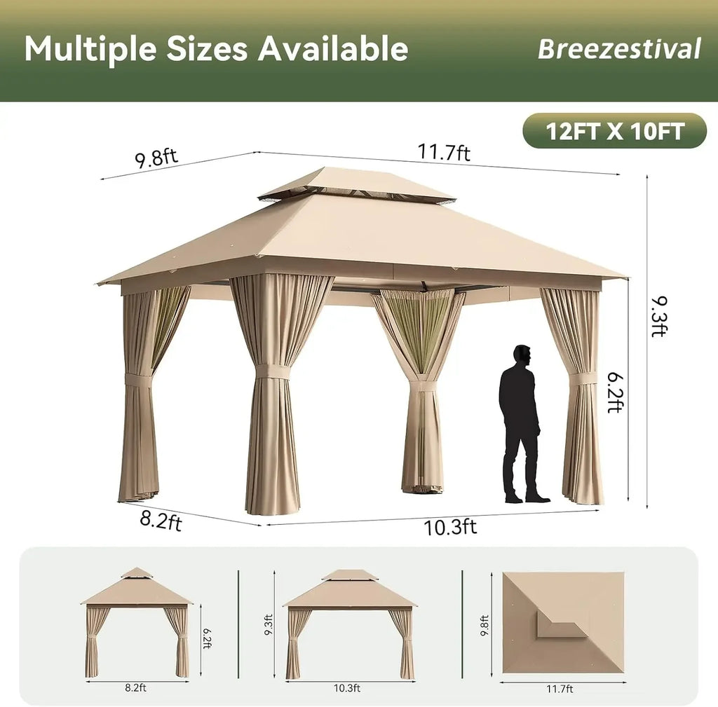 12'x10' Gazebo, Metal Frame Canopy with Double Roofs, Beige | Heavy Duty Outdoor Gazebo with Mosquito Netting and Privacy Screen