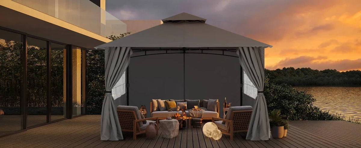 MASTERCANOPY 11x11 ft Patio Gazebo with Windows Curtains, Beige | Rustproof Steel Frame, UPF 50+ UV Protection, Fade-Resistant,