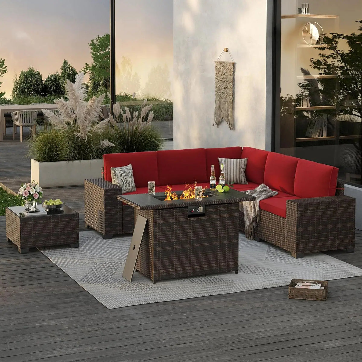 7-Piece Patio Set with 44" Fire Pit Table, Outdoor Wicker Rattan Sectional Sofa for Garden Porch Backyard, Customized